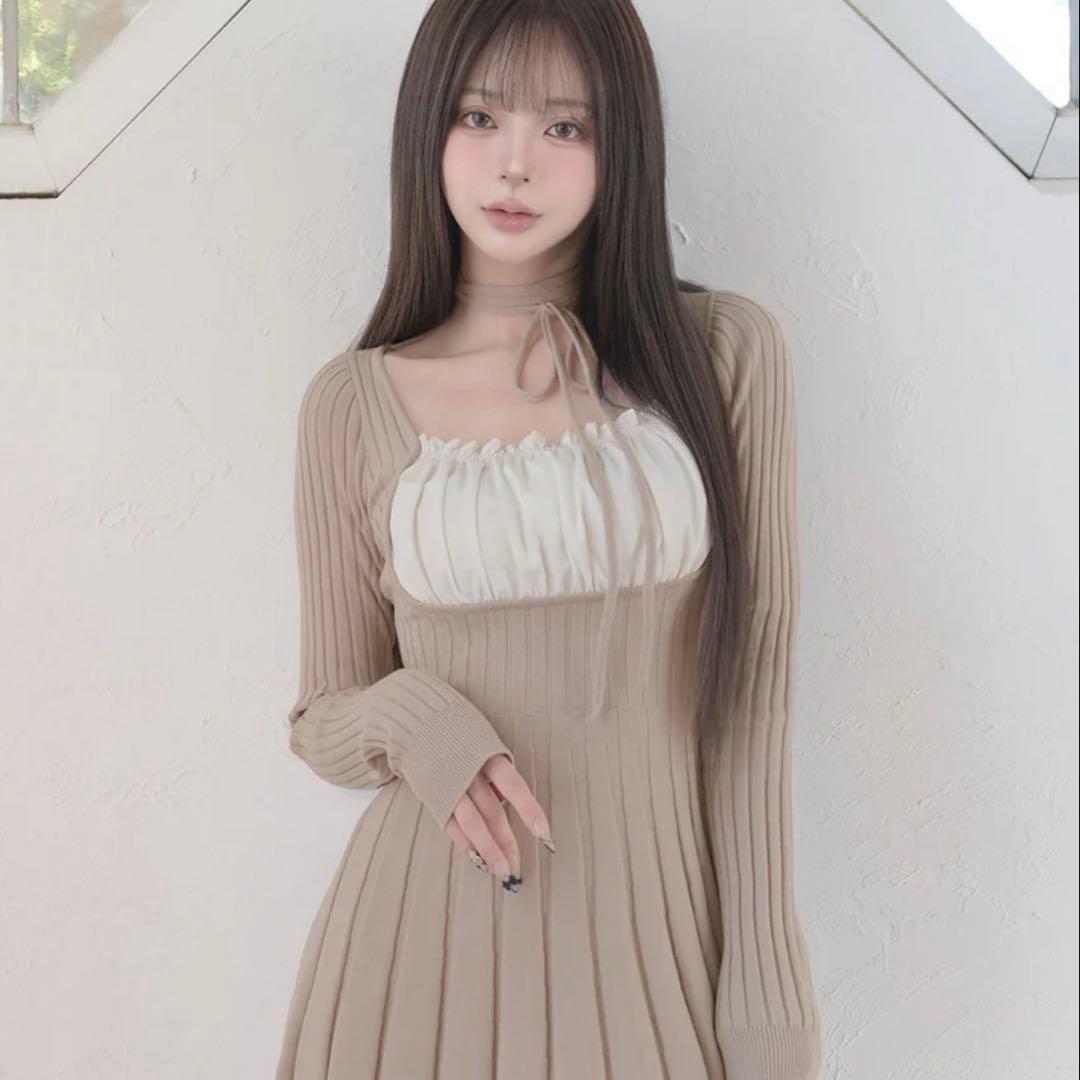 Darich ダーリッチ　ネックリボンデザインフレアニットミニワンピース