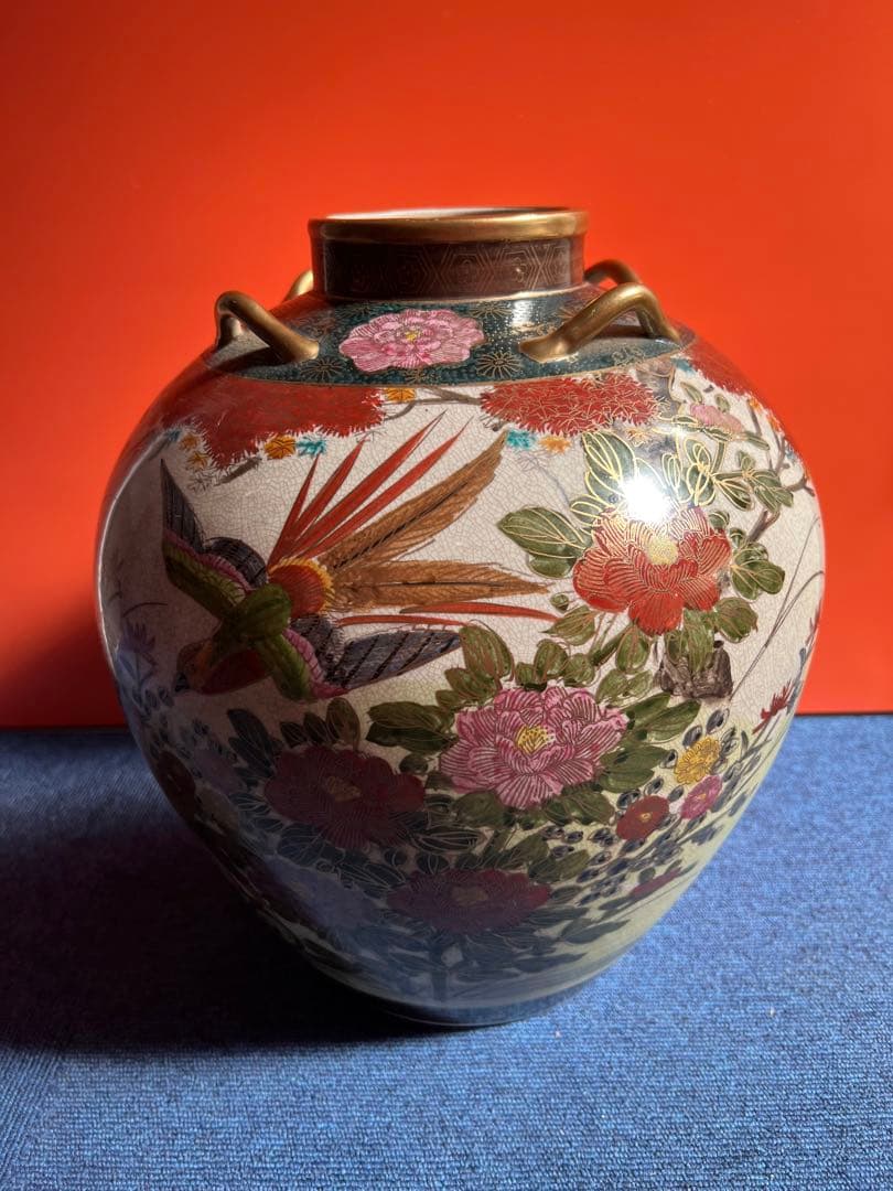 890 九谷焼 湖東 四つ耳付  花鳥　大壺 花入れ 花瓶　時代物