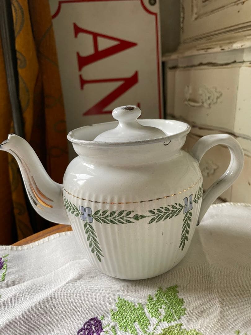 フランス　アンティーク　ホーロー　コーヒー　ティー　ポット　ガーランド　BB社