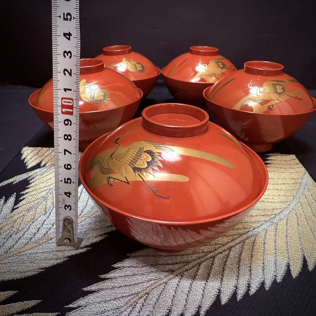 漆器　輪島塗　金蒔絵松鶴文　木製　蓋付椀　お煮物椀　吸物椀　5客　骨董品