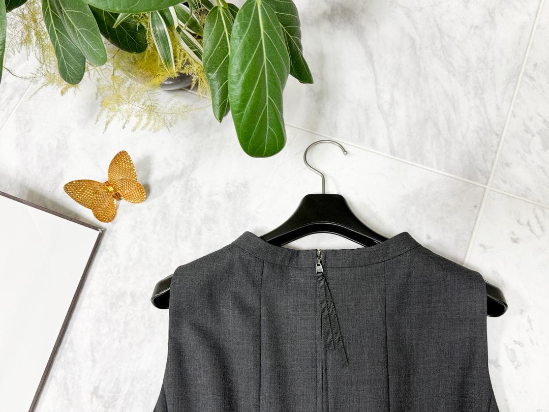 美品★FOXEYフォクシー ウール胸元リボンチャコールグレーワンピース希少42