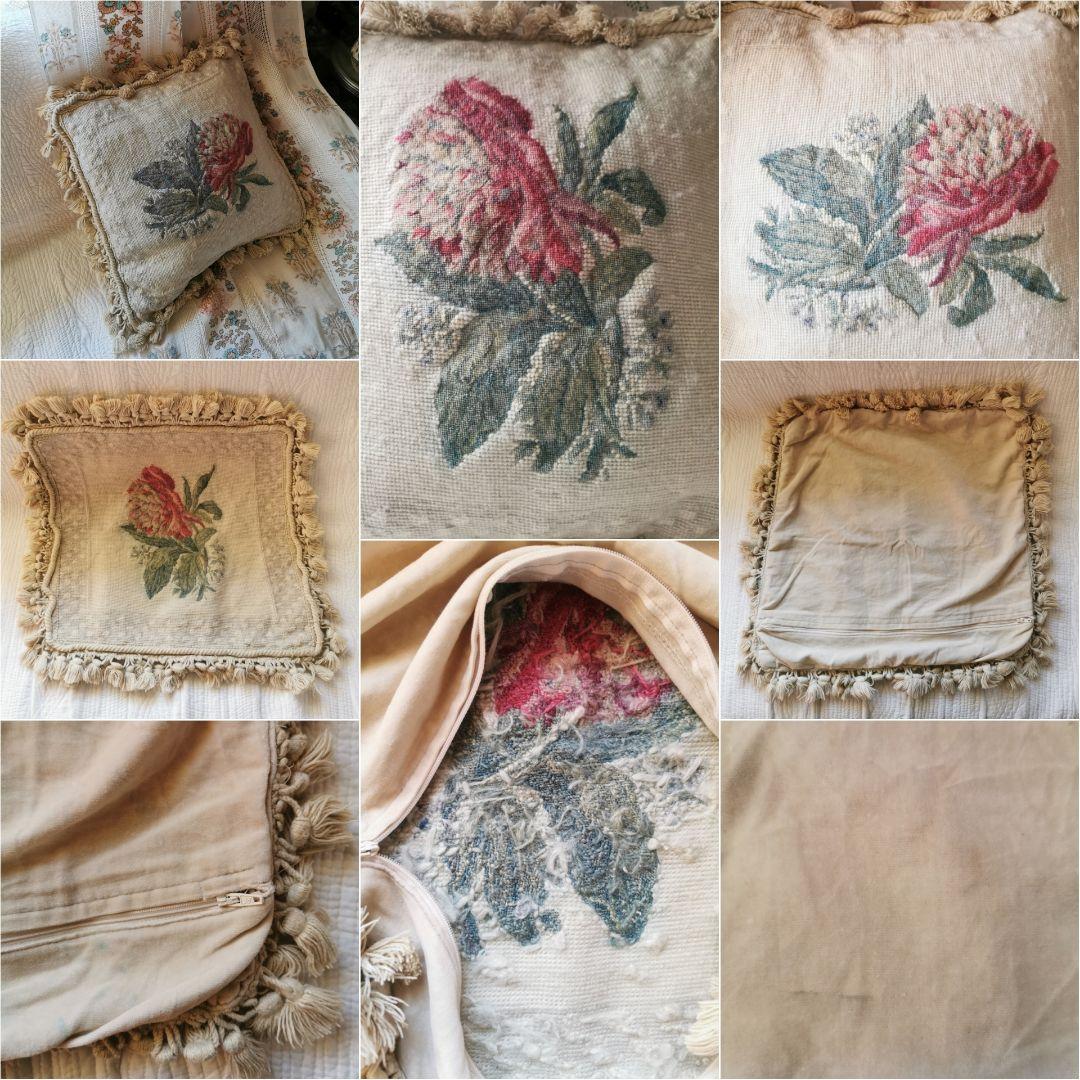 アンティークニードルポイント プチポワン薔薇色の多弁の花 リネンクッションカバー