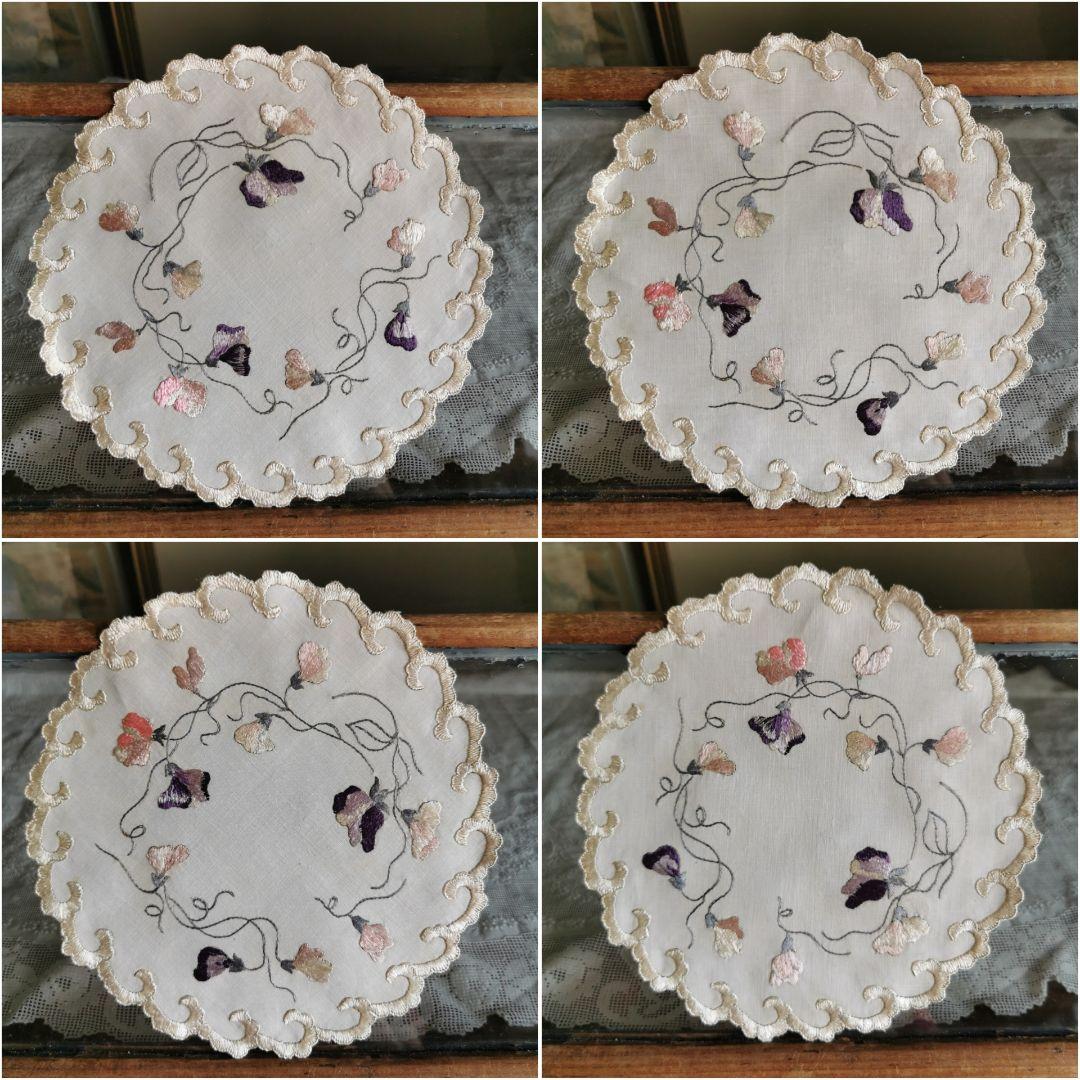 アンティーク ソサイエティシルク手刺繍 スィートピー 菫 スカラップドイリー