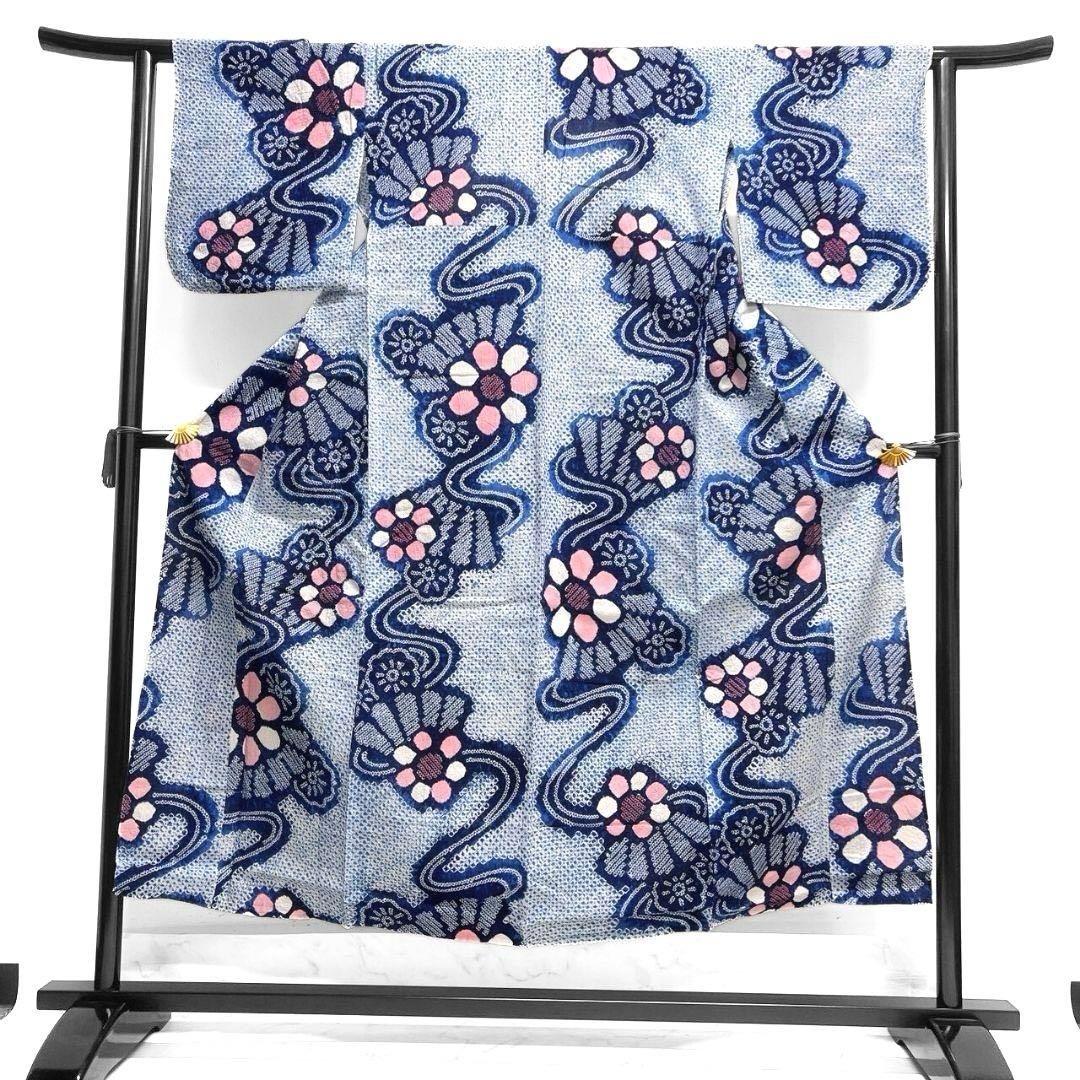 藍染　流線　菊花　饅頭菊　浴衣　有松鳴海絞り　着物　041a p