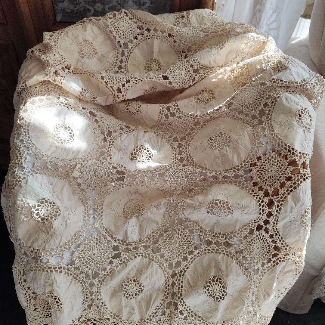 Vintage生成り　手編みレース 35パーツ繋ぎ フリークロス