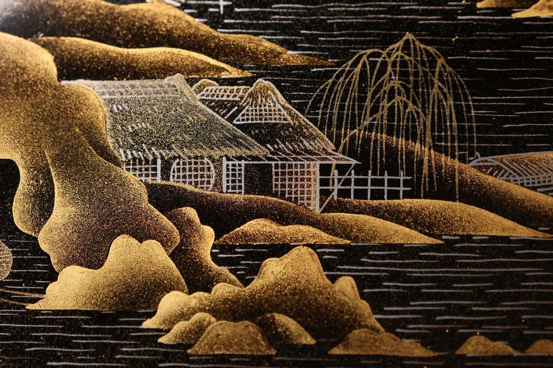 【MA771】蒔絵師 久世宗春 研出山水蒔絵 上手 冠卓 二段卓 共箱 木製