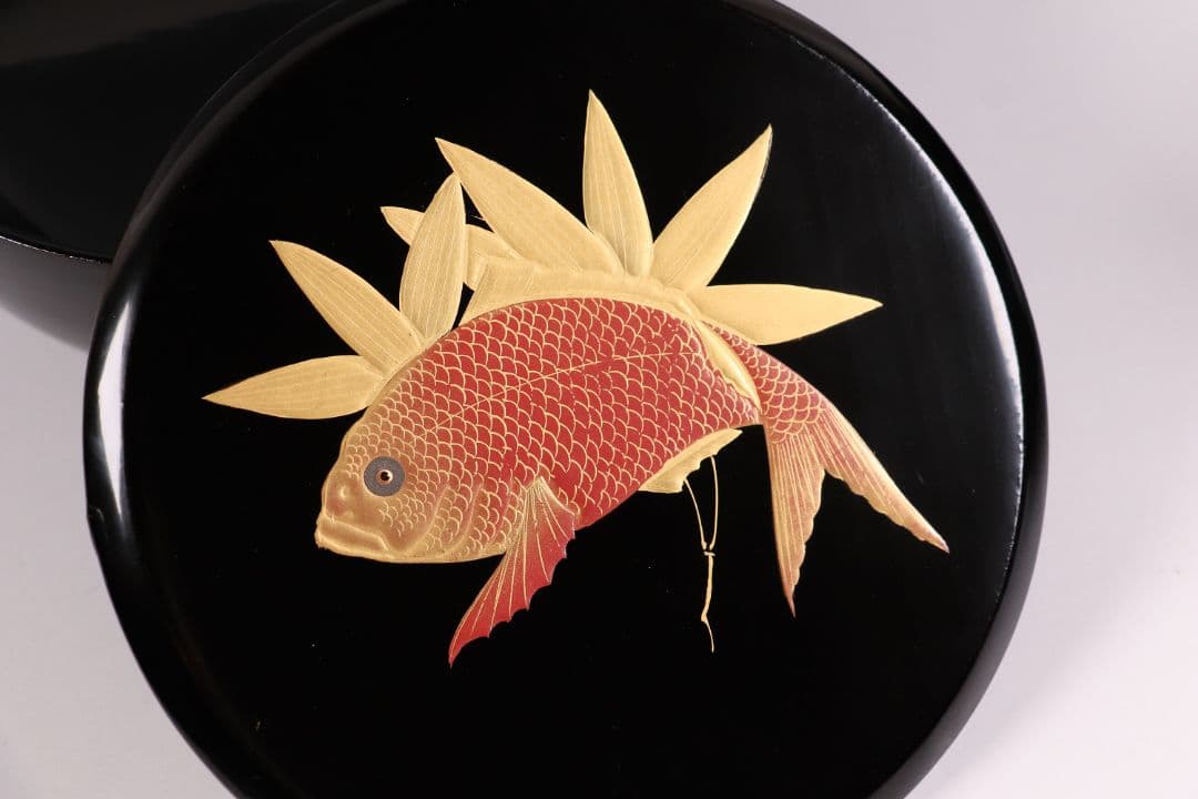 MA27 木製漆器 鍋形菓子椀 十客 鯛蒔絵 金蒔絵 色蒔絵 黒塗 木箱 魚