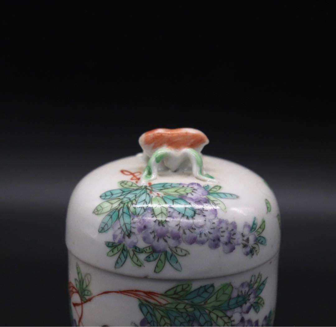 中国　民国期　粉彩花鳥紋茶入　小壺　天津豫盛號出品　送料込み0926