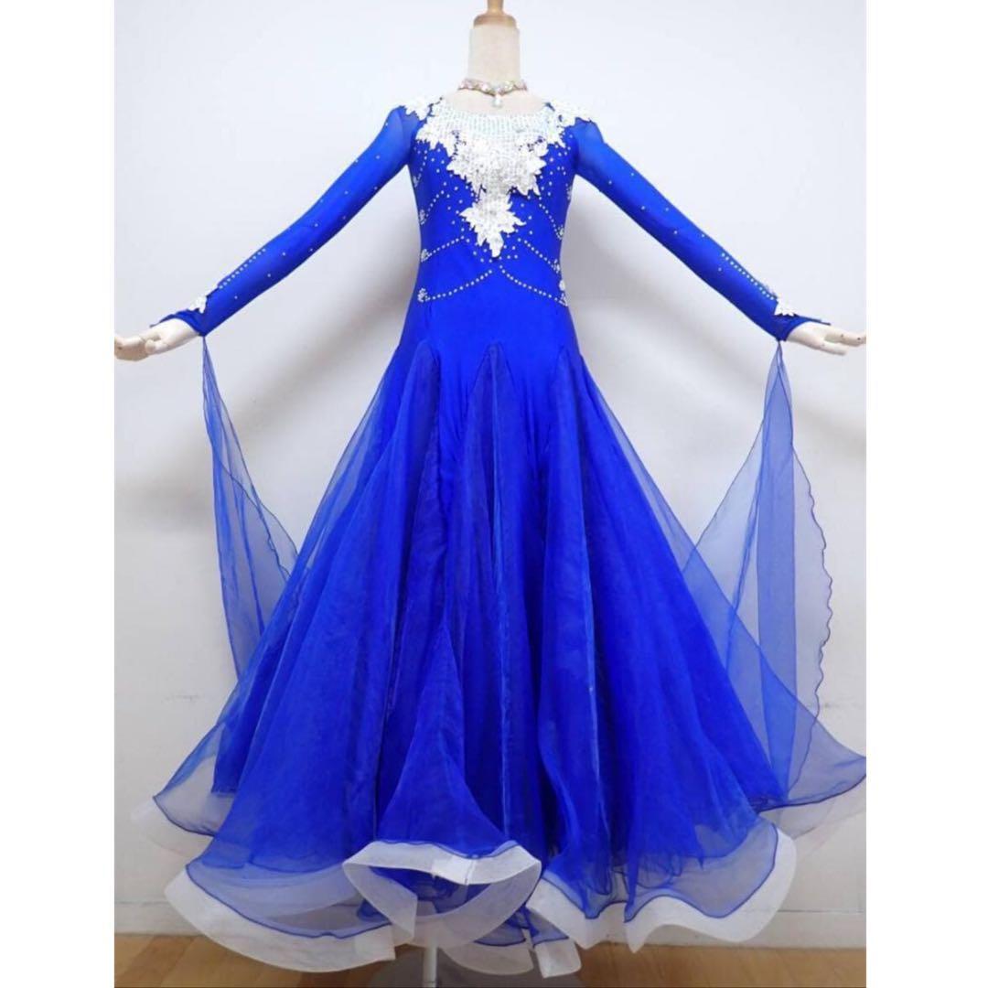 6357★SMサイズ★青×白/花モチーフ/スタンダードドレス☆社交ダンス