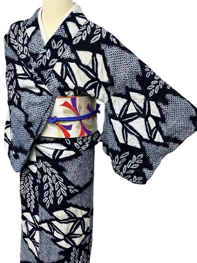 A53有松鳴海絞り 浴衣 花 綿　紺青