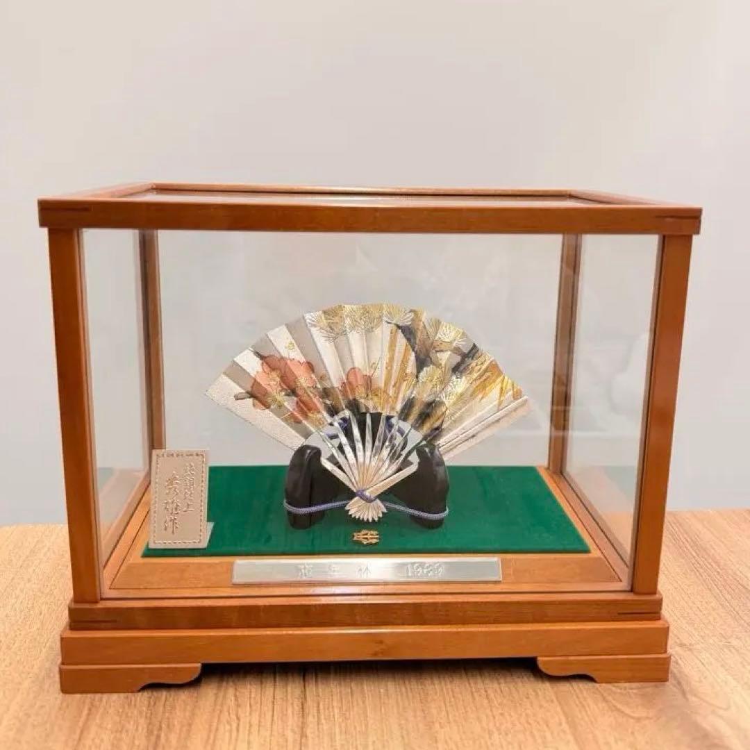 美品！ 秀雄作 松竹梅 純銀仕上げ 置物 工芸品 扇 5号