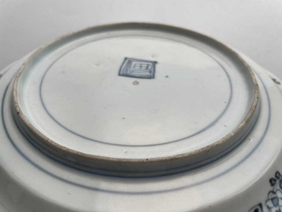 骨董　アンティーク　藍柿右衛門　染付　花鳥文　輪花七寸皿　白磁　古伊万里　藍九谷