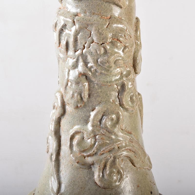 中国　唐時代　越州窯　青磁　虎貼花文　皈依瓶　日月壺　共箱　V　R8771B