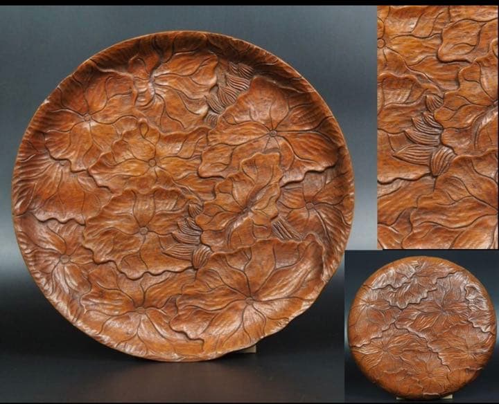 送料無料　時代物 蓮花総彫り盆 径26ｃｍ 大珍品　茶道具