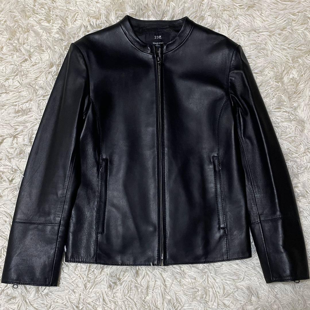 【KKK.】23区 ノーカラー レザージャケット 羊革 32 XXS