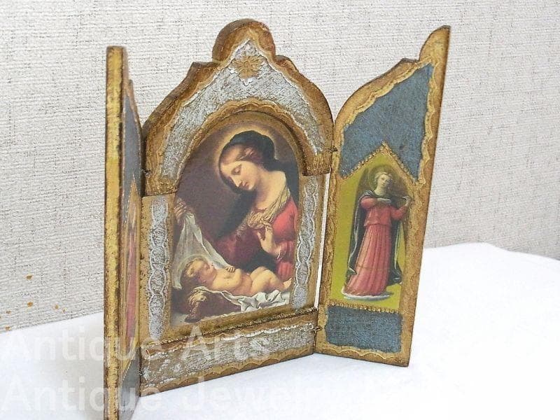 イタリア ヴィンテージ『観想の聖母マリア』カルロ・ドルチの工房作３枚続きの祭壇画