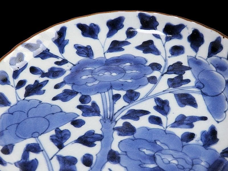 古伊万里　染付　牡丹に牡丹唐草の図　６寸皿　江戸期　F173AS-fbqu