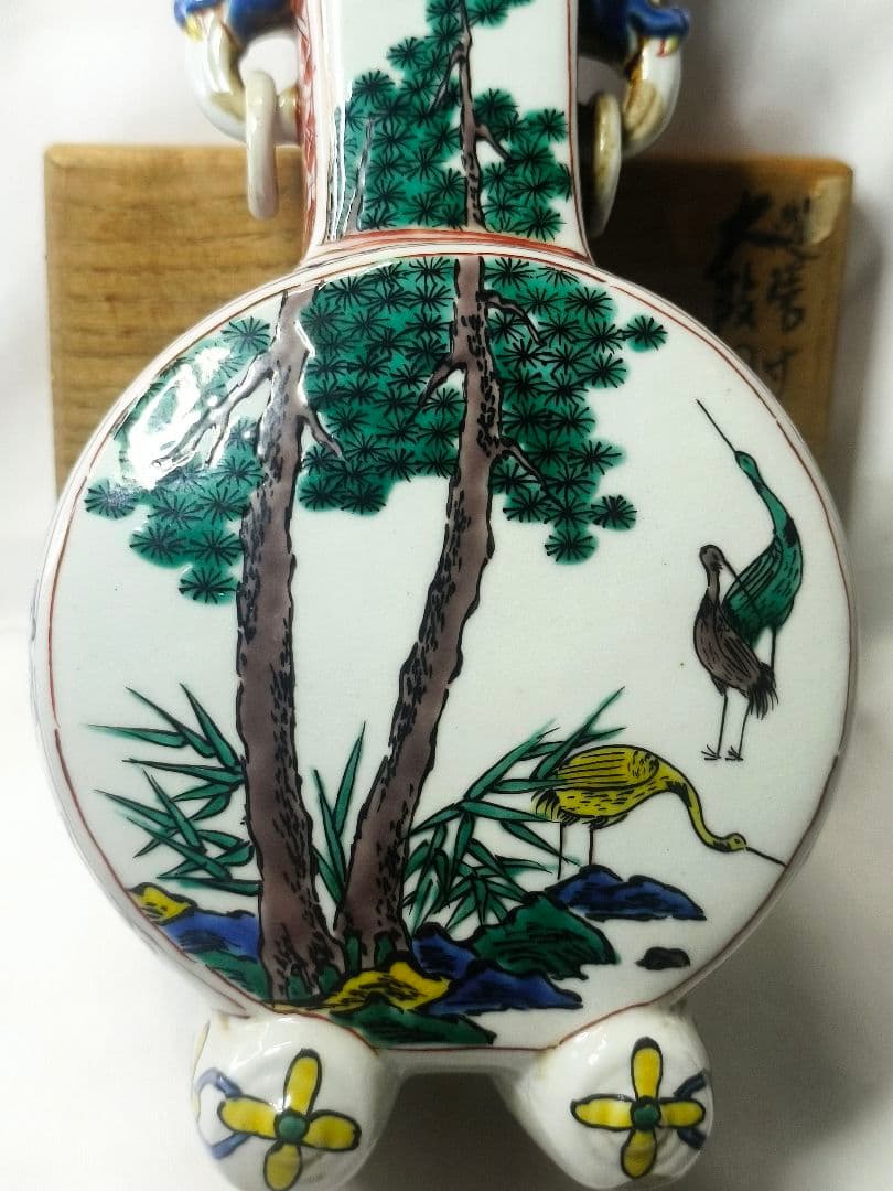 九谷焼 遊環付 太鼓胴花生 明治骨董 共箱 手描き 旧家蔵出し コレクター放出