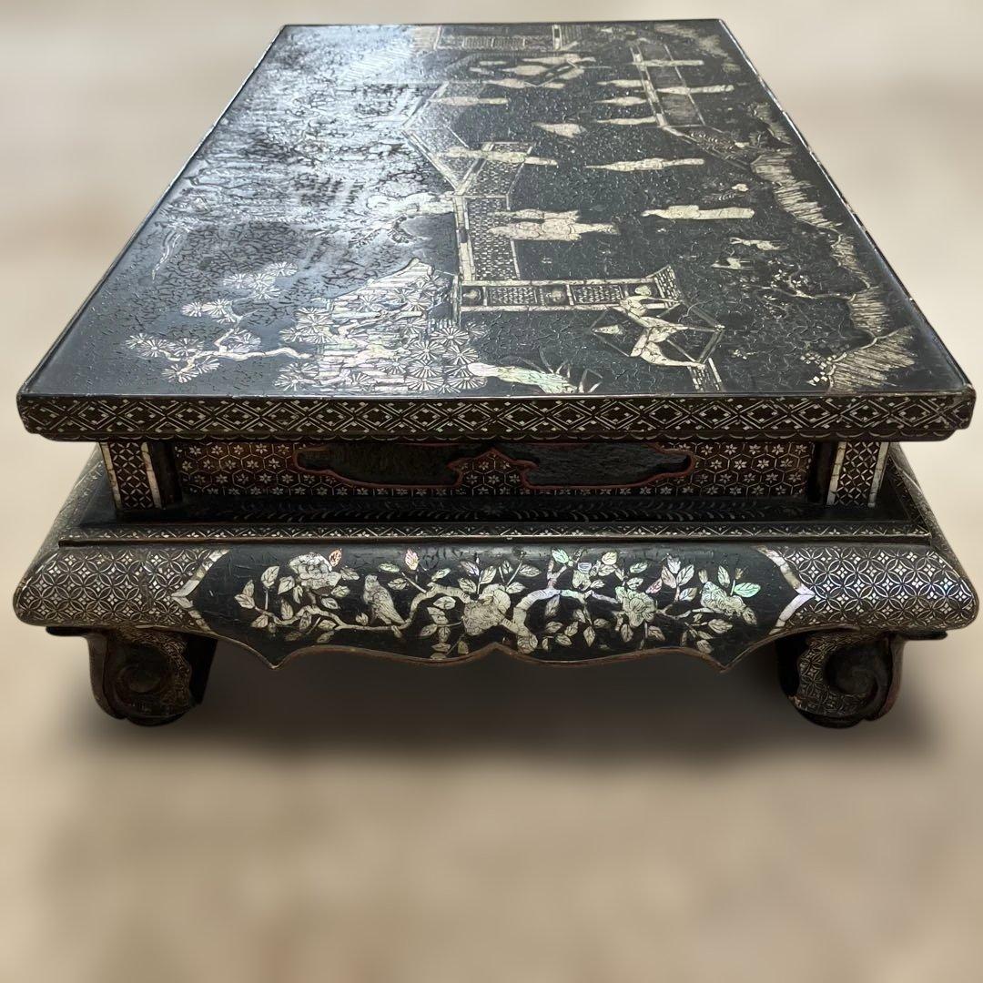 螺鈿細工　平卓　香炉台　花台　飾り台　木製　中国古玩　唐物　人物　骨董品