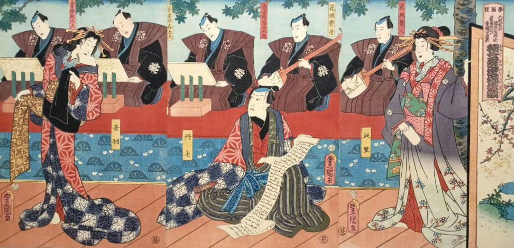 浮世絵版画、浄瑠璃種々薩誓掛額三枚綴り三代歌川豊国、安政6年（1859)出版