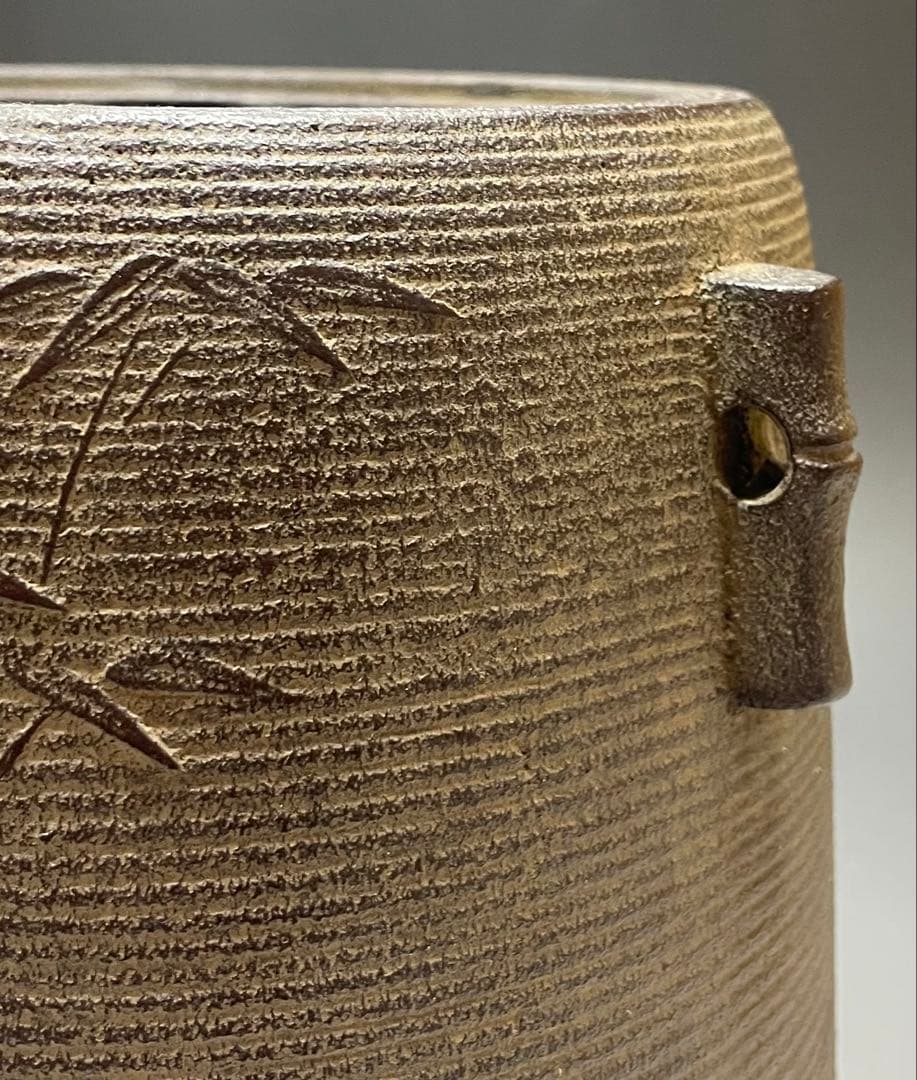 金森紹栄　竹文千筋筒釜　共箱　栞　e0308