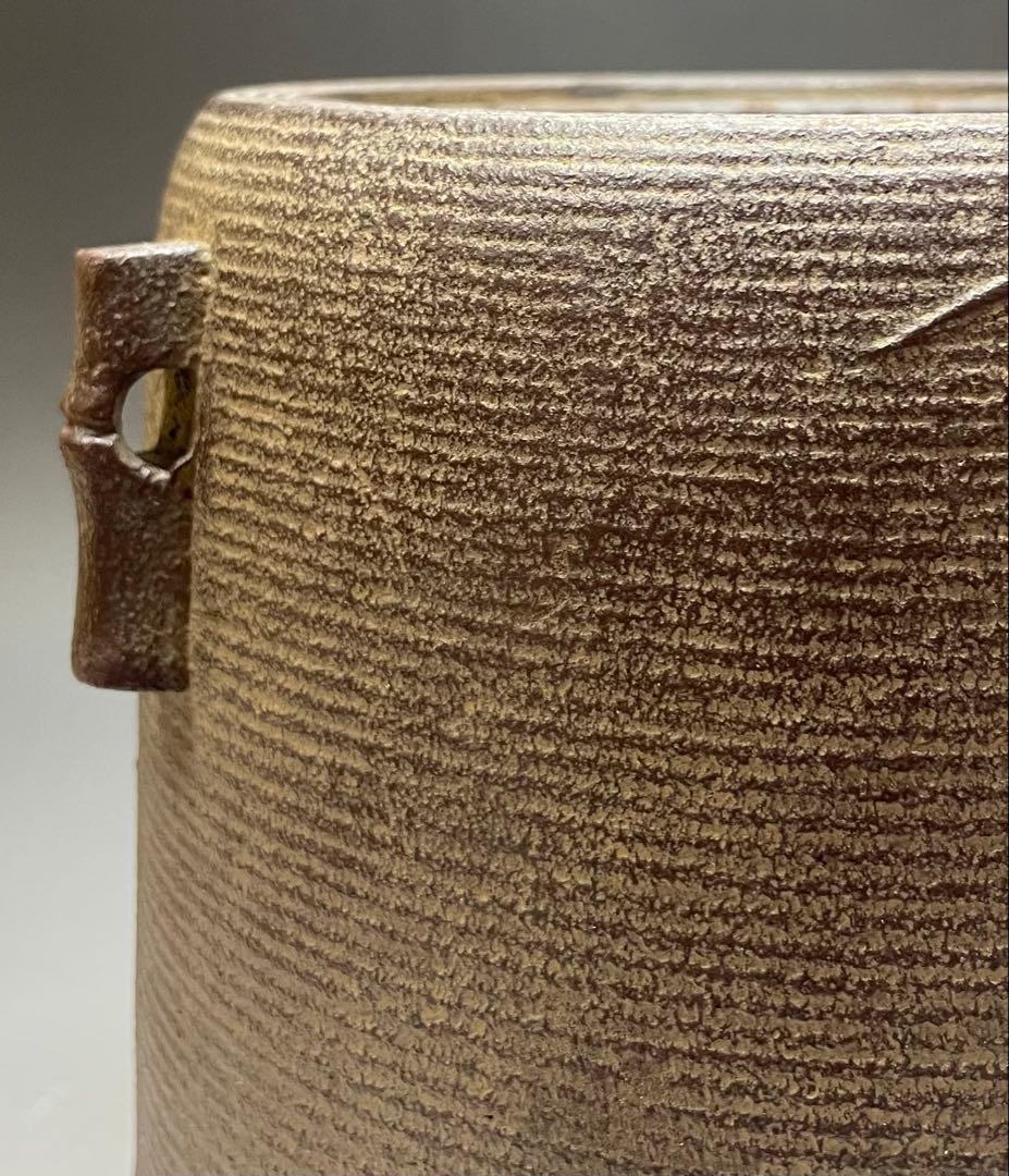 金森紹栄　竹文千筋筒釜　共箱　栞　e0308