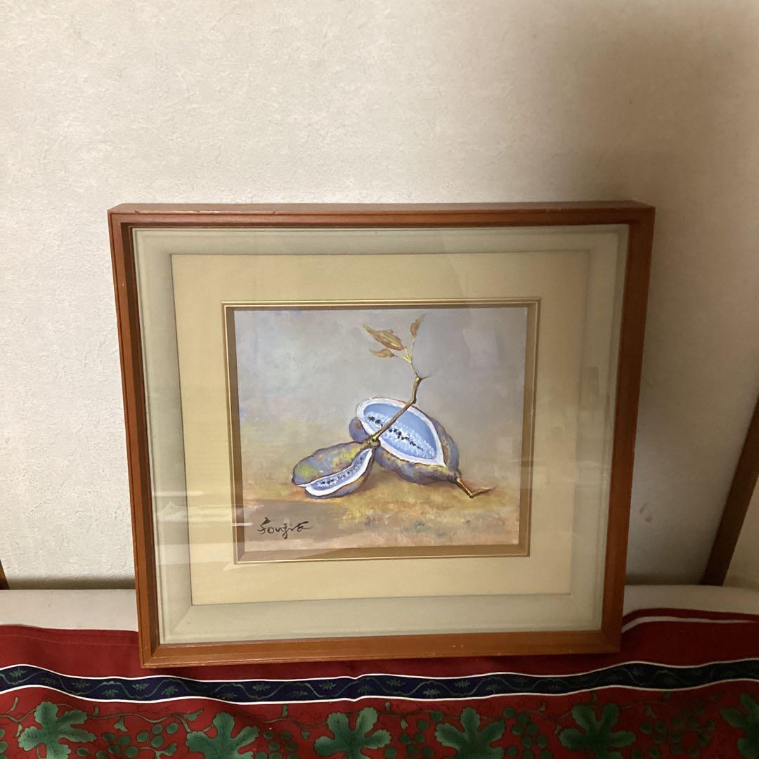藤田嗣治在銘油彩画　色紙絵【　アケビ図　】　サイン有り額装前面ガラス仕様　即決品