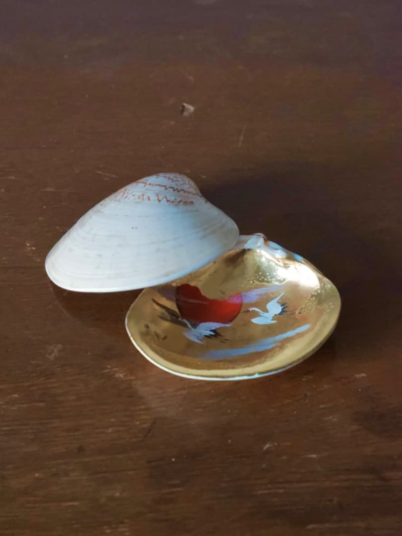 加陽　一瓢斎　源氏貝合せ　鶴色絵　蛤香合　茶道具　香道具　箱付　Q2257