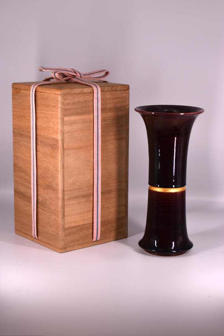 【真作】表千家 而妙斎花押 十六代 永楽善五郎(即全)作 紫交趾 末広花入 共箱