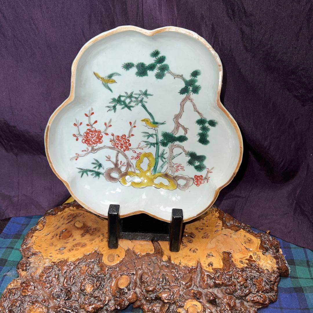 古九谷五彩手花鳥松竹文口紅　手捻り　柿右衛様式　江戸時代　合箱　美品