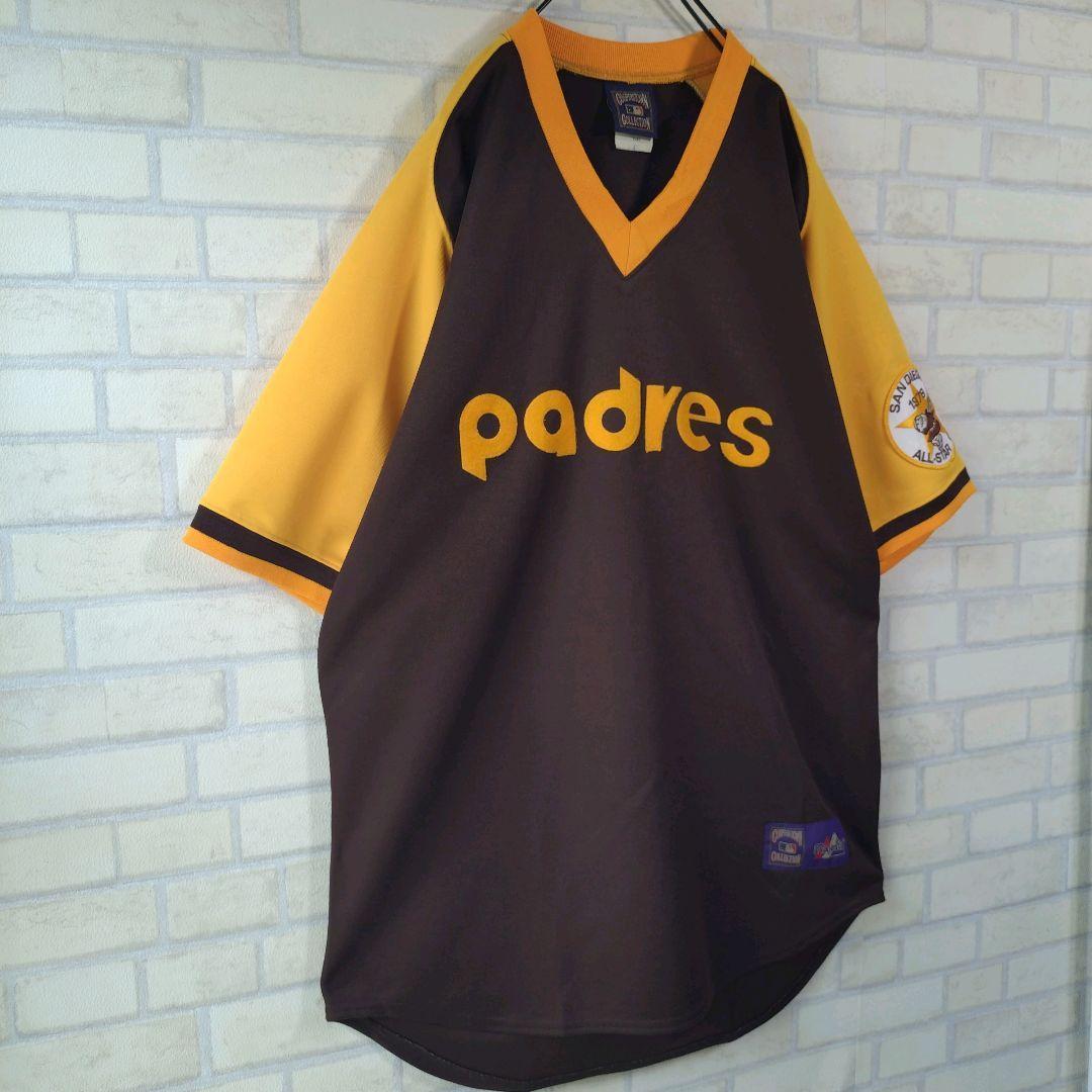 MLB★USA製 人気 パドレス 刺繍ロゴ ワッペン付 ゲームシャツ 茶 L