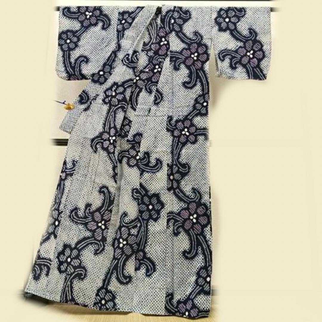 有松絞り　浴衣　トールサイズ　三浦絞り　有松鳴海絞り　紺　花