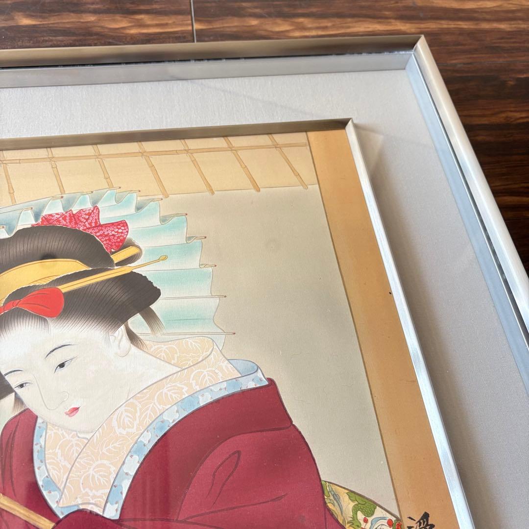 堀江浮水 (堀江豊生) 肉筆「雨乃日」額装 美人画 日本画 A