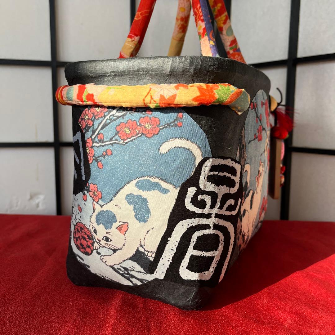 梅と猫 一閑張り バッグ かごバッグ ハンドバッグ 和猫 浮世絵 和柄 市場かご