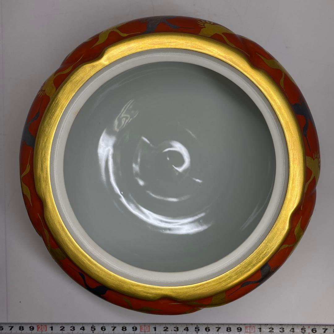 手塚祥堂（手塚央） 紅地千羽鶴文 水指 共箱 東キ7-1214①