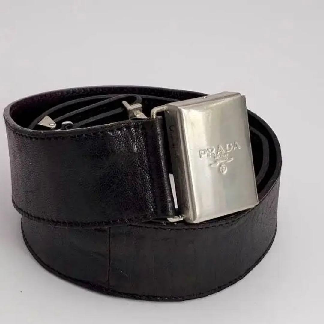 プラダ ベルト ロゴバックル シルバー金具 レザー ブラウン　スクエア