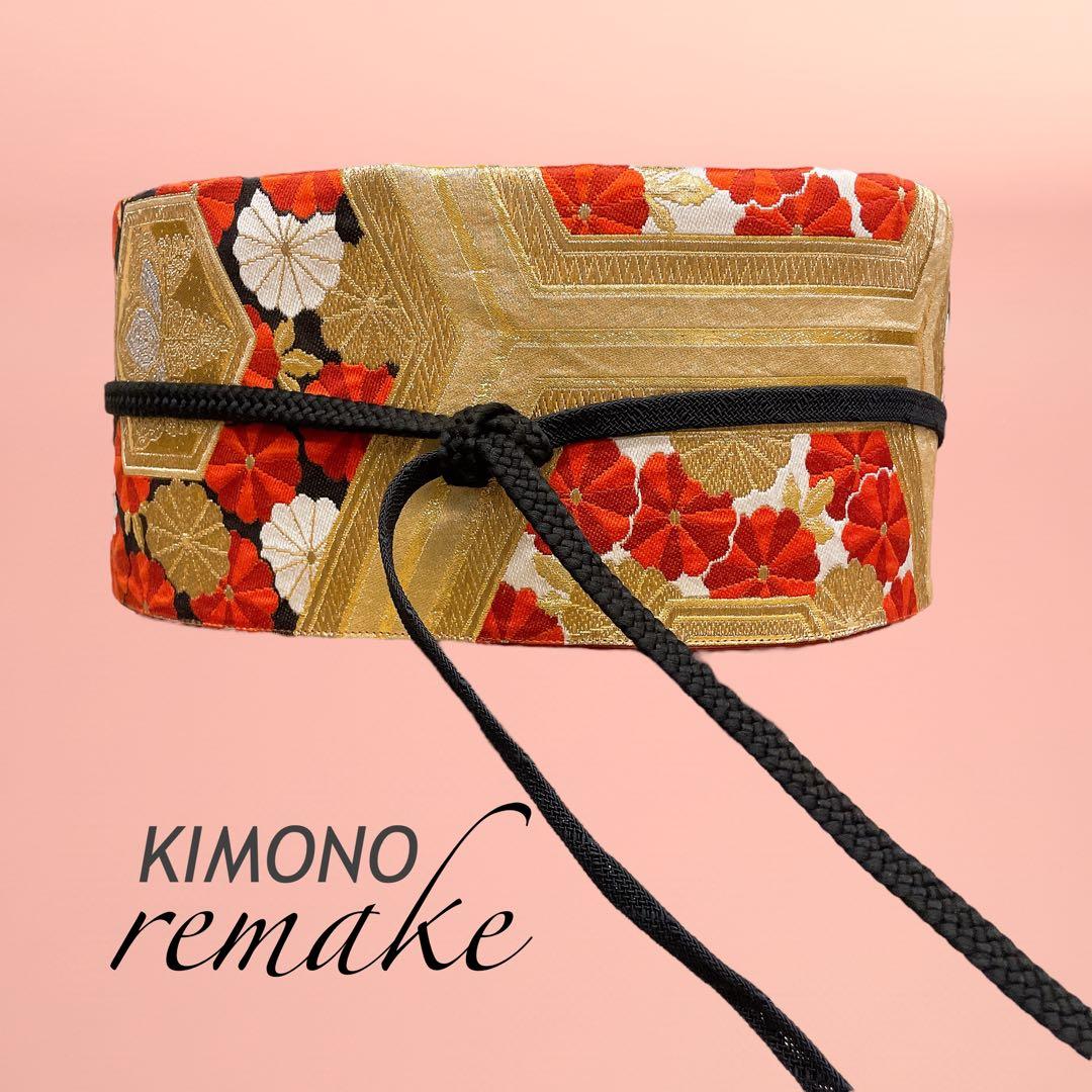 黒赤金花刺繍帯 サッシュベルト W65〜95cm 着物リメイク J80103