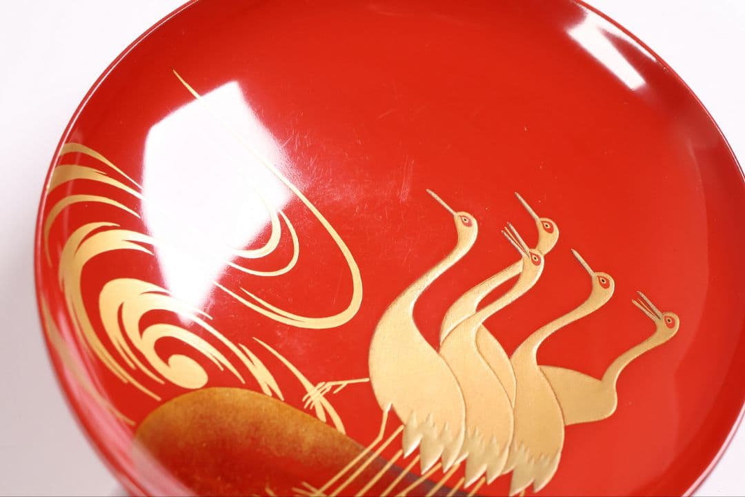 【CM373】時代木製漆器 光琳写 金蒔絵 群鶴図 朱塗 引盃 五客 小皿 杯