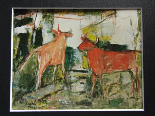 山口　薫、赤い牛、限定版、額装用画集より、新品高級額、額装付