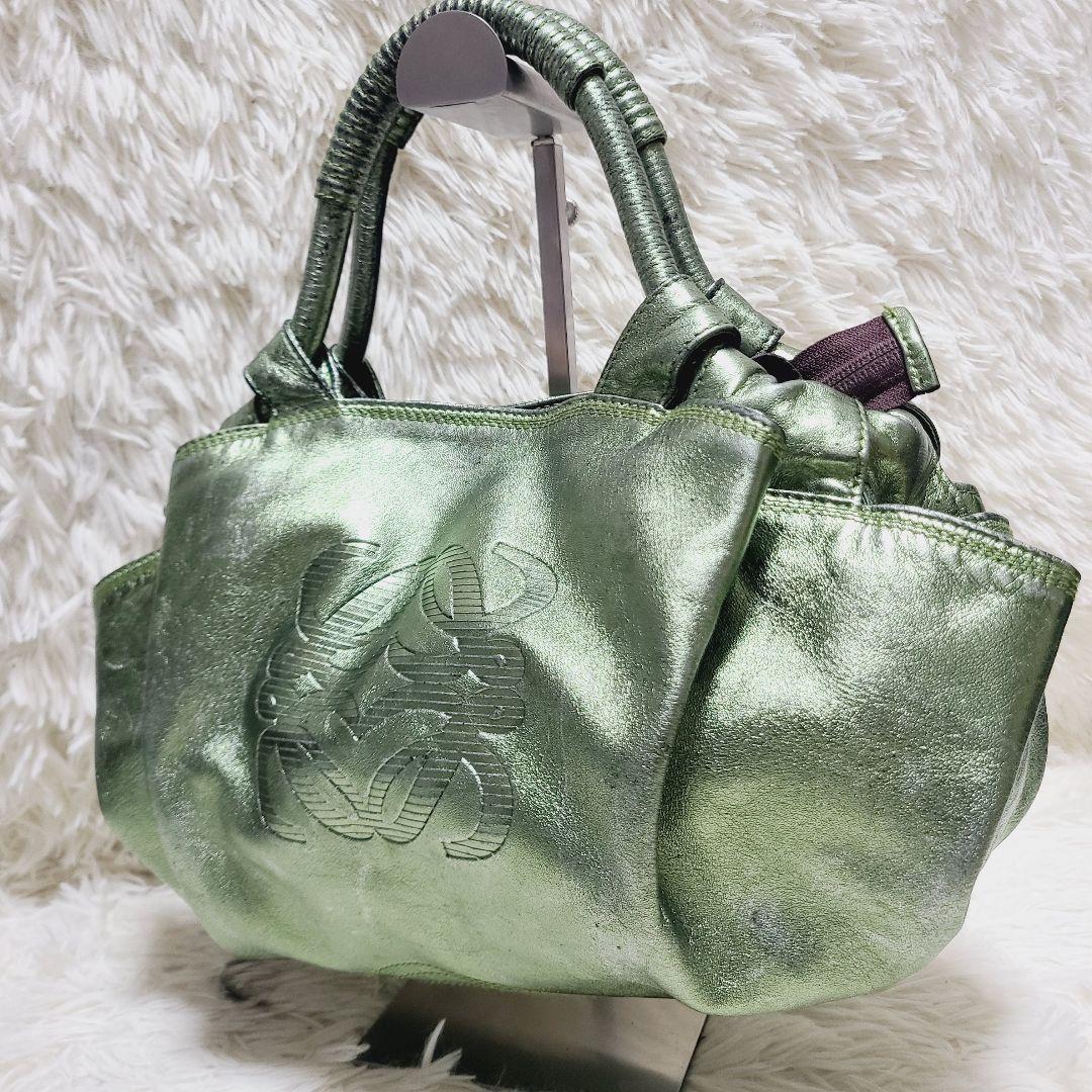 ロエベ　ハンドバッグ　ナッパアイレ　アナグラム　グリーンゴールド　レザー