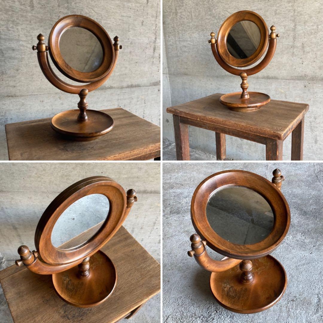 古い味のある卓上鏡 鏡台 ミラー 木製 回転式 丸型 民藝 レトロ ヴィンテージ