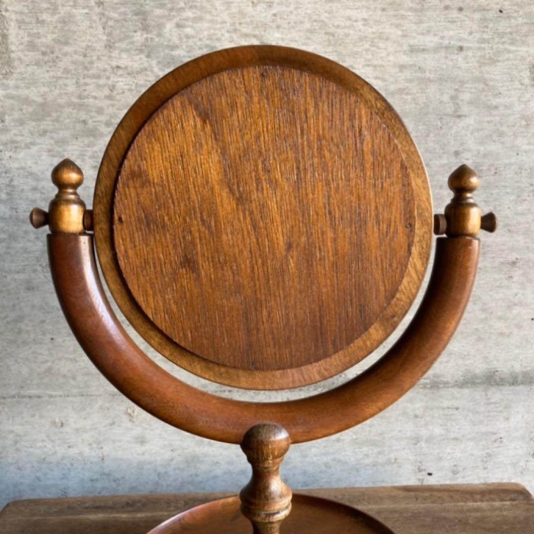 古い味のある卓上鏡 鏡台 ミラー 木製 回転式 丸型 民藝 レトロ ヴィンテージ