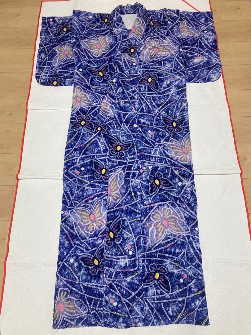 浴衣　有松鳴海絞り　蝶と幾何学　裄66.5cm
