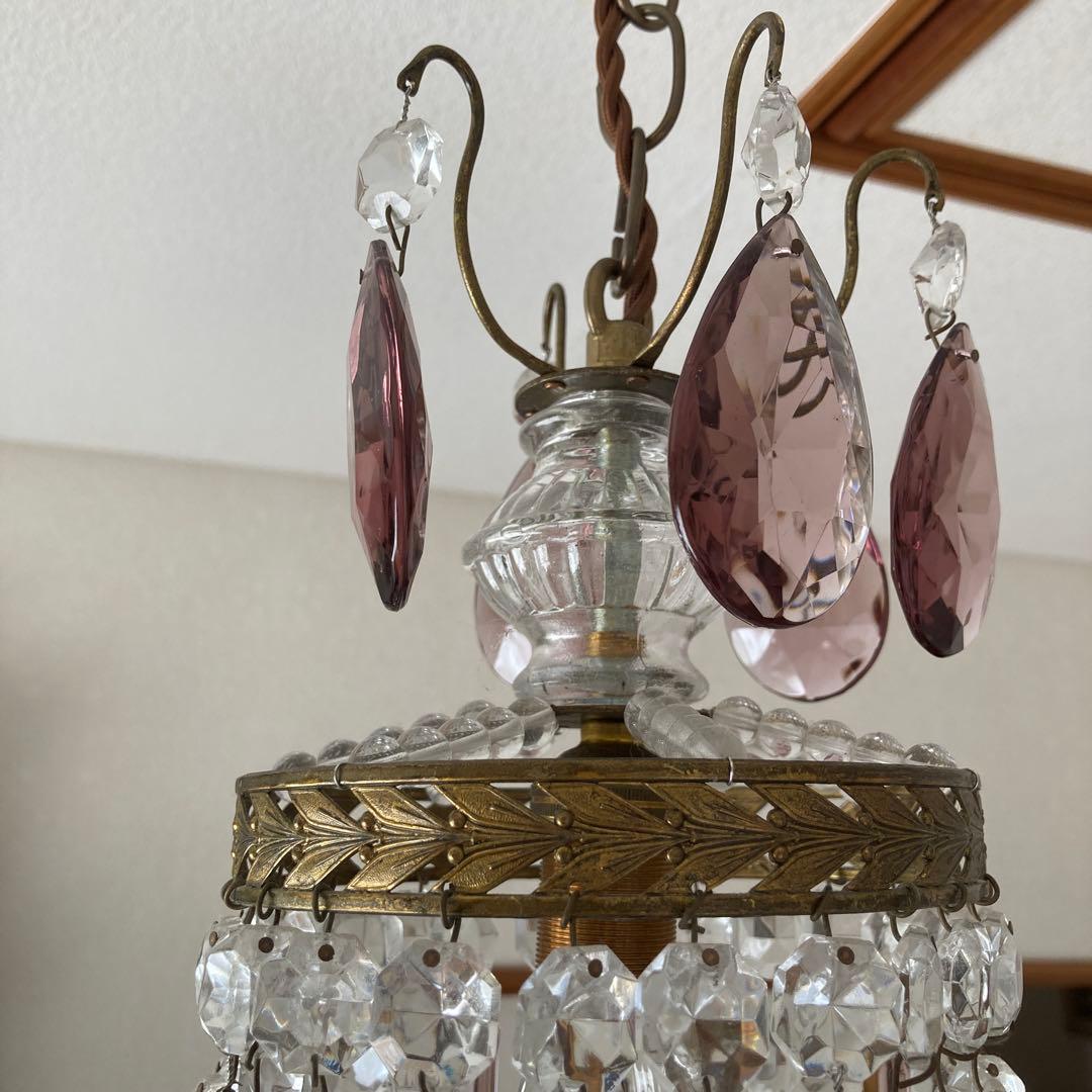 *訳あり クリスタルティアドロップ 1灯シャンデリア 薄紫 フランスアンティーク