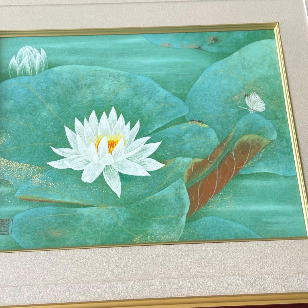 仲林敏次 日本画「朱草（睡蓮）」6号 額装 三重県出身 新興美術院会 一枚の繪G