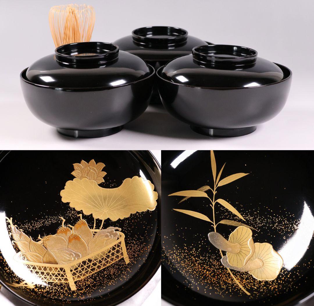 【CM412】天然木漆塗 加賀蒔絵 蓮と野菜金蒔絵 黒煮物椀 三客 漆器 昭和期