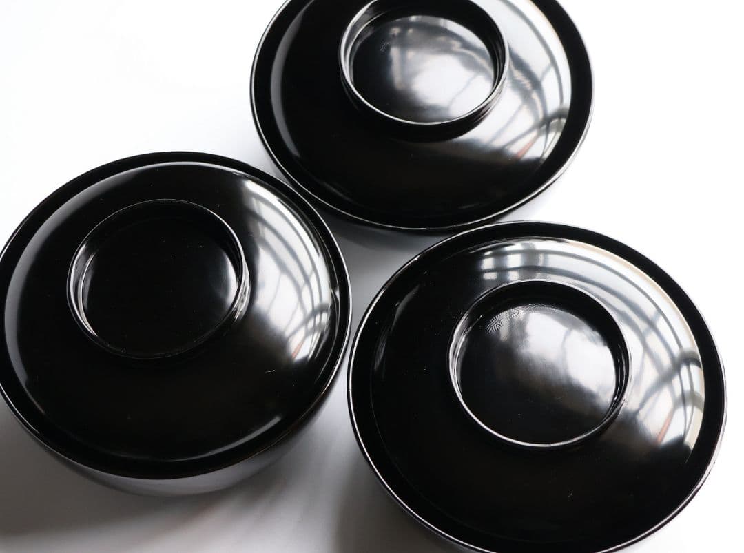 【CM412】天然木漆塗 加賀蒔絵 蓮と野菜金蒔絵 黒煮物椀 三客 漆器 昭和期