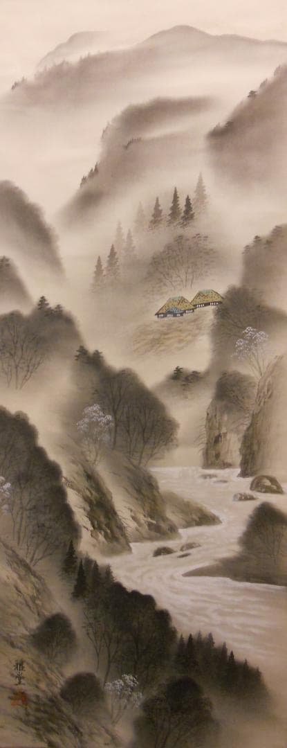 掛け軸 雅堂 彩色山水 中島清堂 識箱 絹本 希少 軸装 茶道具 掛軸 美品