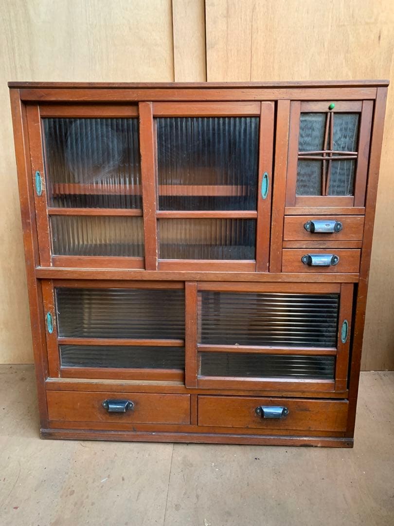 古い木全面モールガラス　収納陳列棚引き出し4杯　レトロ昭和ガラス古家具