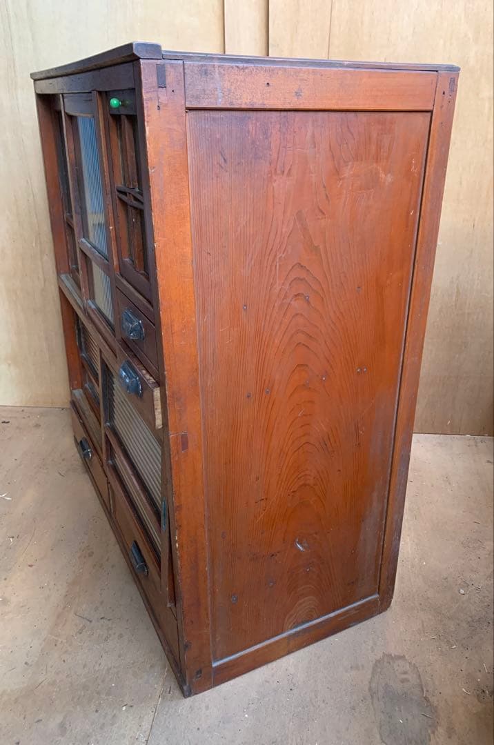 古い木全面モールガラス　収納陳列棚引き出し4杯　レトロ昭和ガラス古家具
